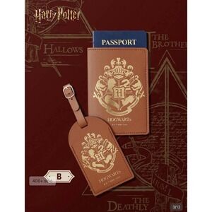 Harry Potter Hogwarts Passport Holder and Luggage Tag Set Brown Gold Crest NEW